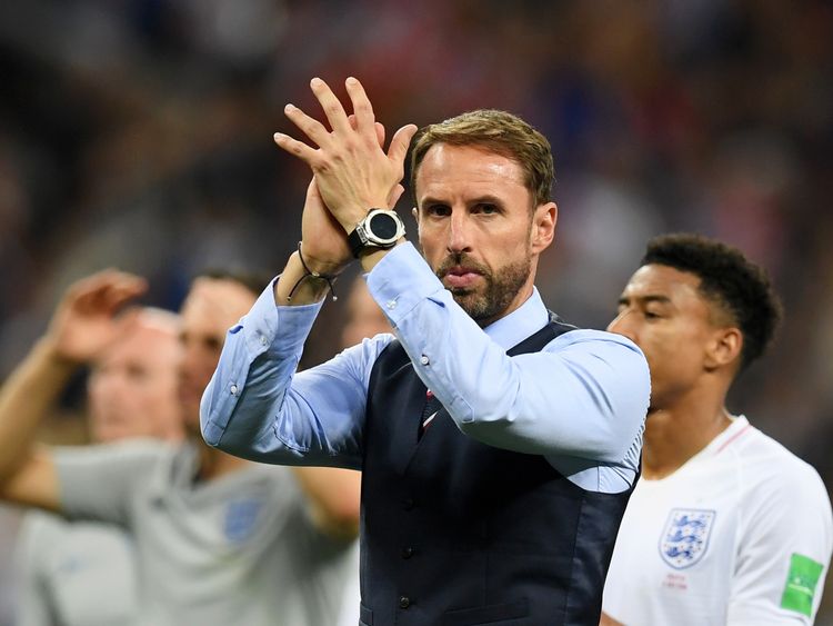 Gareth Southgate applauds England supporters at Moscow's Luzhniki Stadium