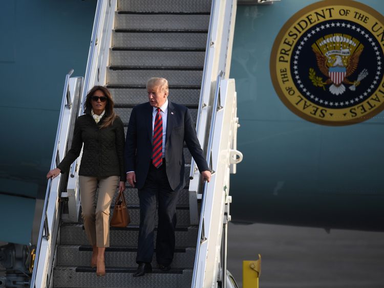 Donald and Melania Trump arrive at Glasgow Prestwick Airport 