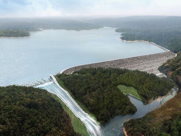 A computer-generated image of a dam being built in Laos by Xe Pian Xe Namnoy Power Company
