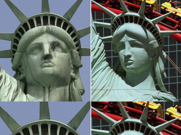 The original statue in New York (L) and the remake in Las Vegas
