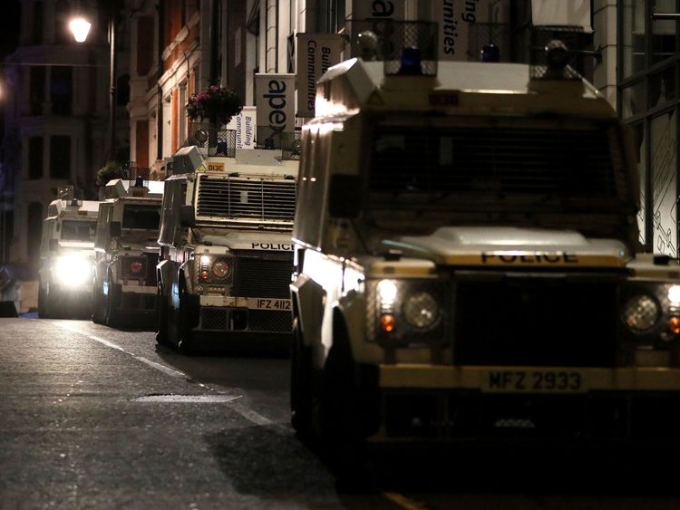 Police vehicles on Butcher street in Londonderry as disorder has flared in the city for a sixth successive night