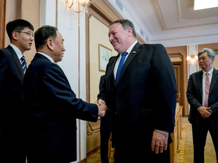 U.S. Secretary of State Mike Pompeo greets North Korean Director of the United Front Department Kim Yong Chol as they arrive for a meeting at the Park Hwa Guest House in Pyongyang, North Korea, July 6, 2018. Andrew Harnik/Pool via REUTERS