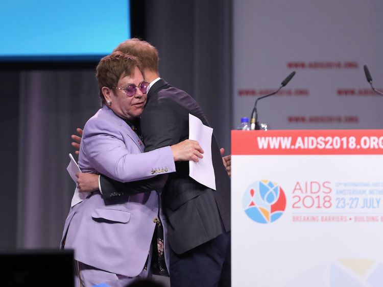   The Duke of Susbad kisses Sir Elton John during the Aids Summit 2018 in Amsterdam 