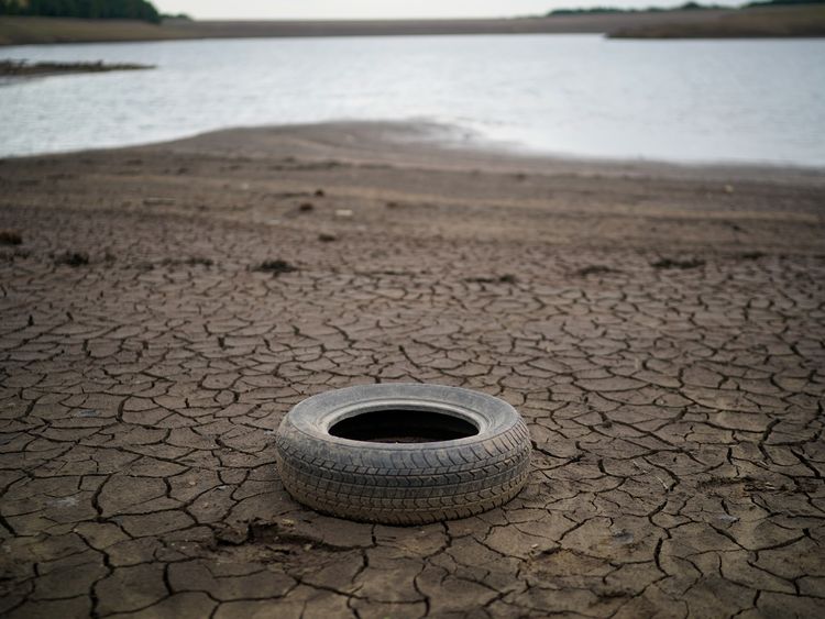 The dried up bed of Yarrow reservoir near Bolton as the heatwave continues across the UK on July 23, 2018 in Bolton, England