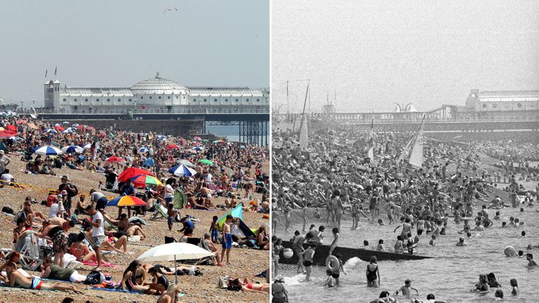 People enjoying the heat in Brighton in 2018 and in 1976