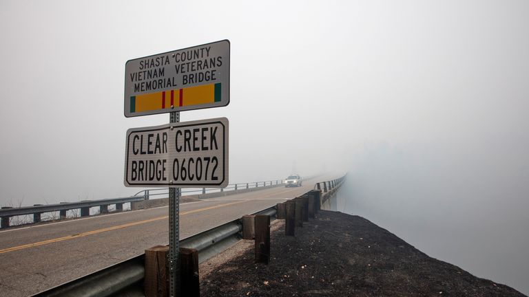 Smoke from the Carr fire shrouds Clear Creek Bridge