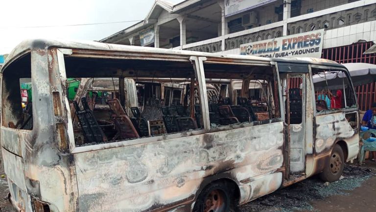 Burned busses at the bus terminal in Buea after gunfire