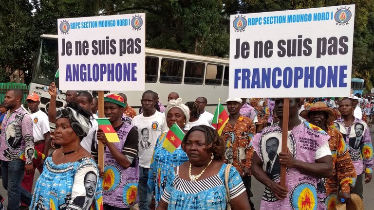 Demonstrators carry banners as they take part in a march reading: "I am not Francophone."(R), "I am not Anglophone" (L)