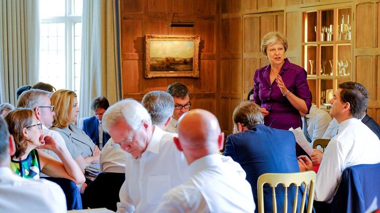 Theresa May speaking to the cabinet during crunch Brexit talks at Chequers. Pic: Crown Copyright