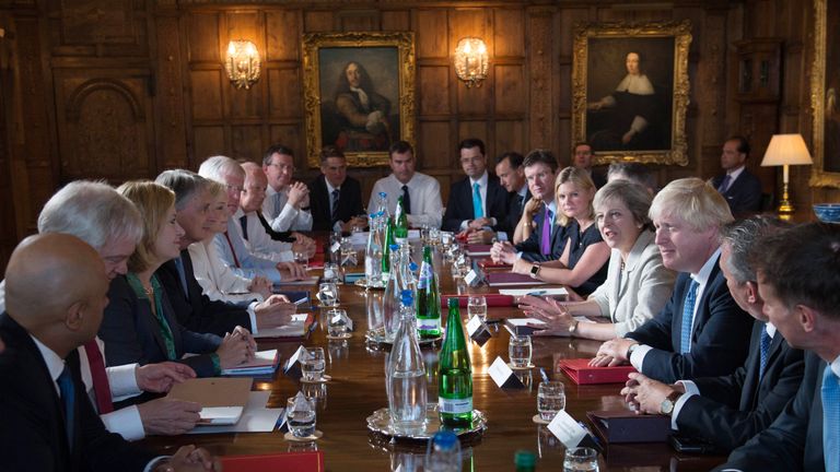 Theresa May holding a cabinet meeting at Chequers in 2016           
