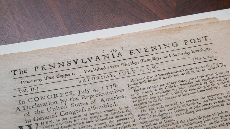 NEW YORK, NY - JUNE 25: The first known newspaper printing of the Declaration of Independence, printed on July 6, 1776 in The Pennsylvania Evening Post, is seen after being auctioned at Robert A. Siegel Galleries on June 25, 2013 in New York City. The pages sold for $632,500 to David Rubenstein; according to Robert A. Siegal Galleries it is the highest price any newspaper has ever been sold for. (Photo by Andrew Burton/Getty Images)
