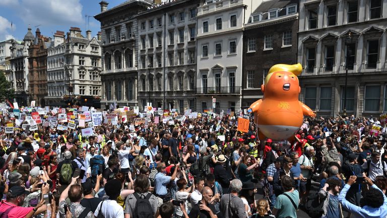 Demonstrators with the &#39;Trump Baby&#39; balloon in Westminster