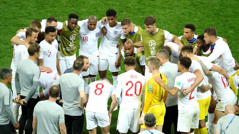 England players form a huddle before extra time during the 2018 FIFA World Cup Russia Semi Final match between England and Croatia at Luzhniki Stadium on July 11, 2018 in Moscow