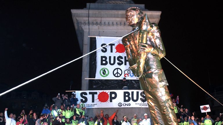 An effigy of George W Bush was pulled down in Trafalgar Square in November 2003