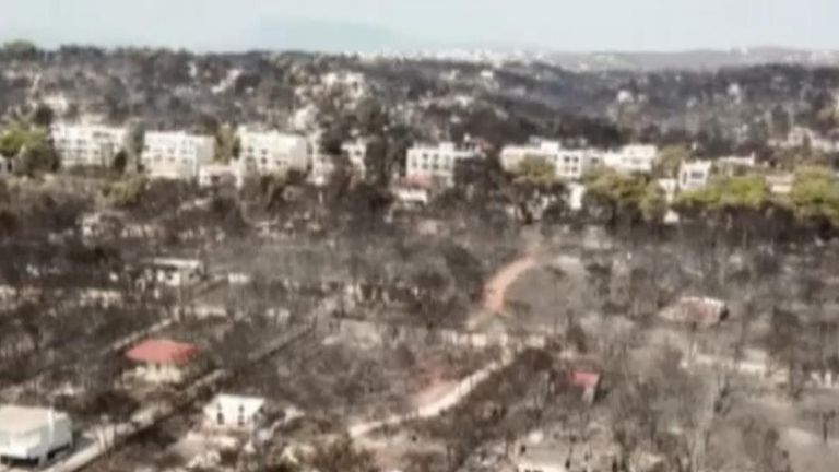 Aerial view of Greek village destroyed by wildfire