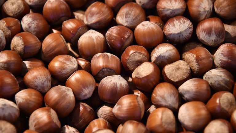 A picture taken on April 15, 2015 shows hazelnuts on display at the Talensac market in central Nantes, western France. /AFP PHOTO GEORGES GOBET (Photo credit should read GEORGES GOBET/AFP/Getty Images)
