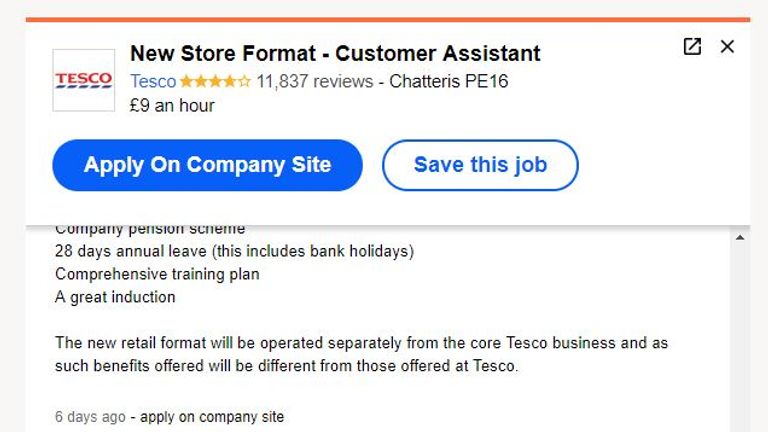 Tesco has advertised jobs online for its new stores