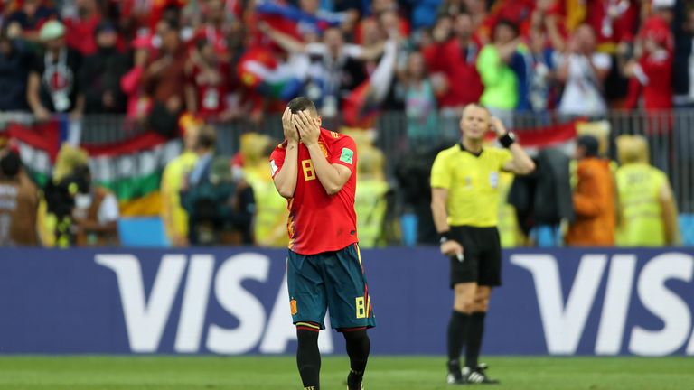 A dejected Koke pictured after missing Spain's third penalty