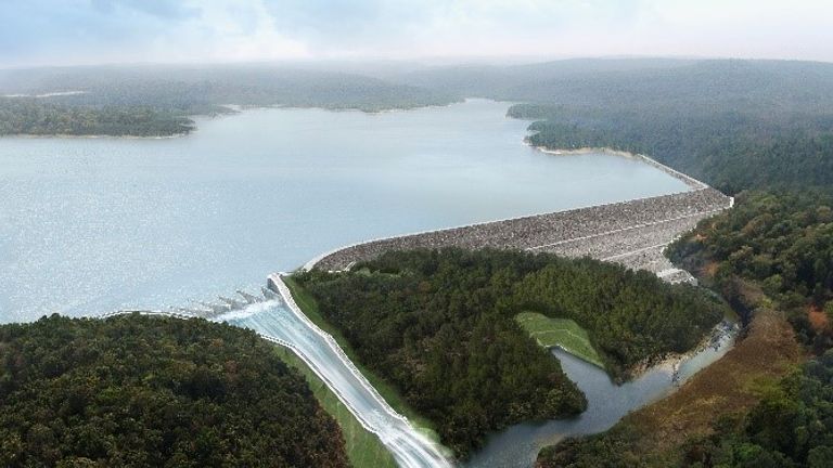 A computer-generated image of a dam being built in Laos by Xe Pian Xe Namnoy Power Company
