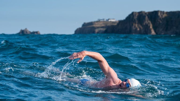 Lewis Pugh tweeted that conditions around Land&#39;s End were &#34;grumpy&#34;