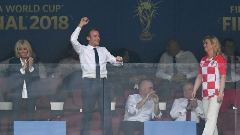 MOSCOW, RUSSIA - JULY 15: French President Emmanuel Macron celebrates after his team&#39;s fourth goal during the 2018 FIFA World Cup Final between France and Croatia at Luzhniki Stadium on July 15, 2018 in Moscow, Russia. (Photo by Dan Mullan/Getty Images)

