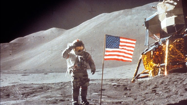 060280 01: Astronaut David Scott gives salute beside the U.S. flag July 30, 1971 on the moon during the Apollo 15 mission. (Photo by NASA/Liaison)
