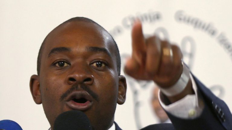 Opposition Movement for Democratic Change (MDC) leader Nelson Chamisa gestures during the launch of his party&#39;s election manifesto in Harare, Zimbabwe, June 7, 2018. REUTERS/Philimon Bulawayo