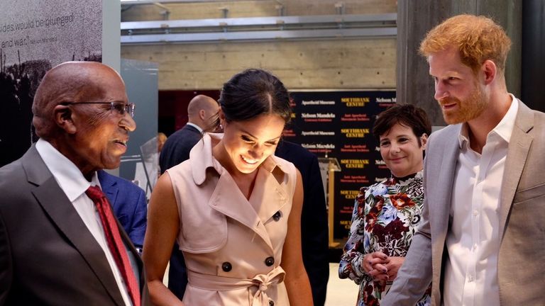 Harry and Meghan meet Andrew Mlangeni, who was accused of sabotage against the apartheid government in 1938 and spent 26 years in prison on Robben Island. Pic: Kensington Palace