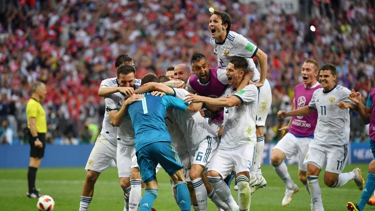Russian players celebrate their penalties win over Spain in the Luzhniki Stadium, Moscow