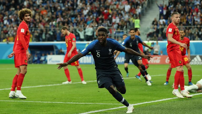 France&#39;s Samuel Umtiti celebrates his goal against Belgium
