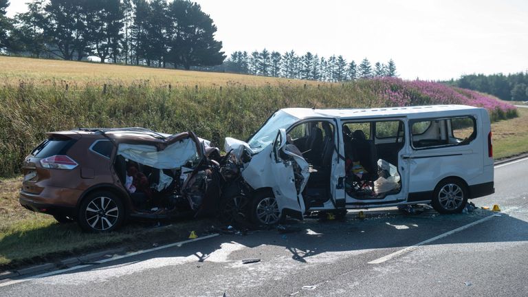 The scene on the A96 between Huntly and Keith in Moray where a five people have died and five more were injured after a crash between a minibus and a car.