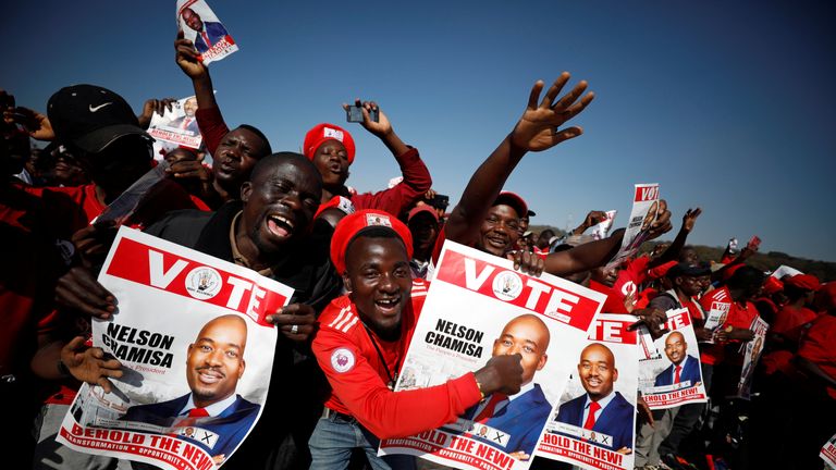 Supporters of Nelson Chamisa&#39;s opposition Movement for Democratic Change (MDC) party