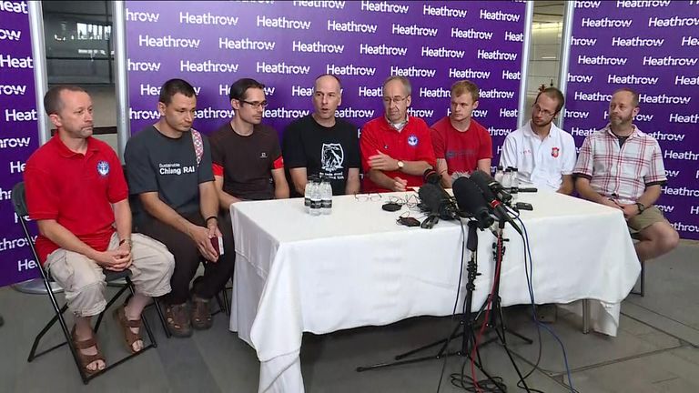 The British caver divers involved in the Thai cave rescue give a press conference at Heathrow