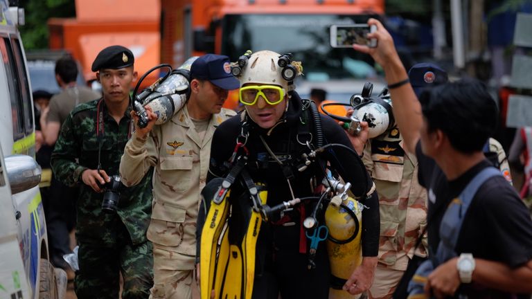 British cave-diver John Volanthen walks out from Tham Luang Nang Non cave in Chiang Rai, Thailand.