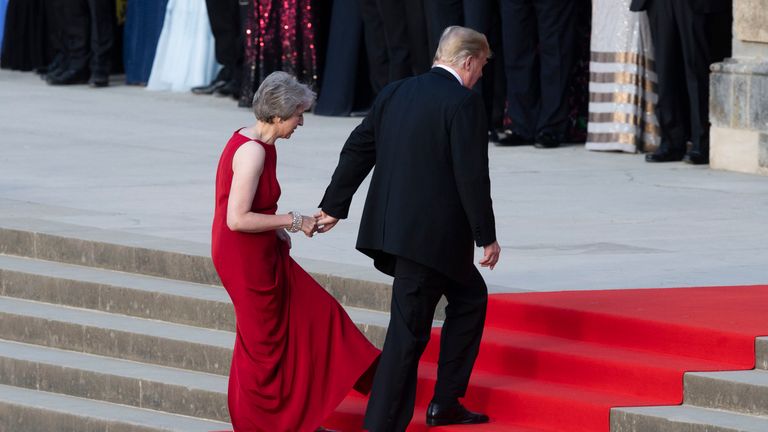 Theresa May and Donald Trump hold hands