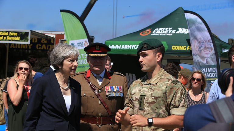 Theresa May during the celebrations for National Armed Forces Day in Llandudno, Wales.