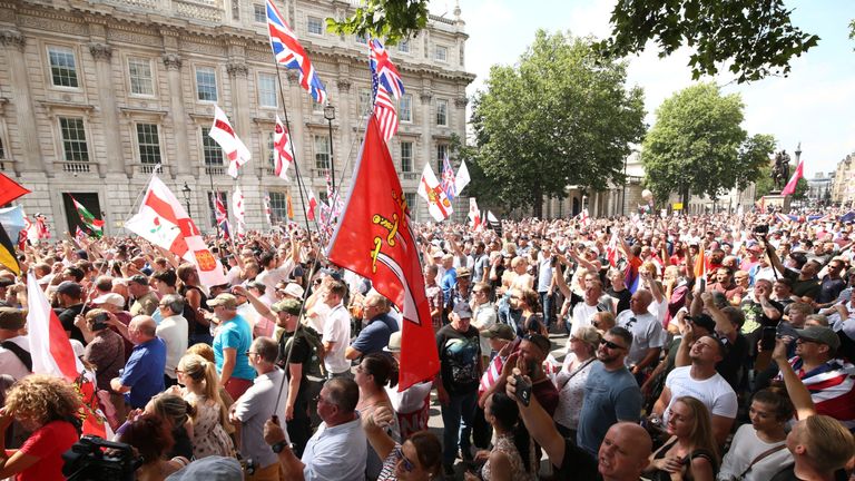 Free Tommy Robinson supporters and Pro-Trump supporters come together on Whitehall, London for a joint rally in support of the visit of the US President to the UK and calling for the release of jailed Tommy Robinson