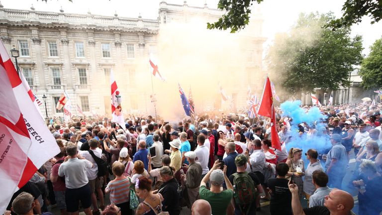 Free Tommy Robinson supporters and Pro-Trump supporters come together on Whitehall, 