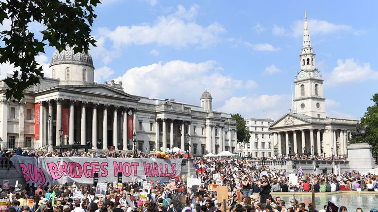Anti-Trump protester gather in Trafalgar Square in London
