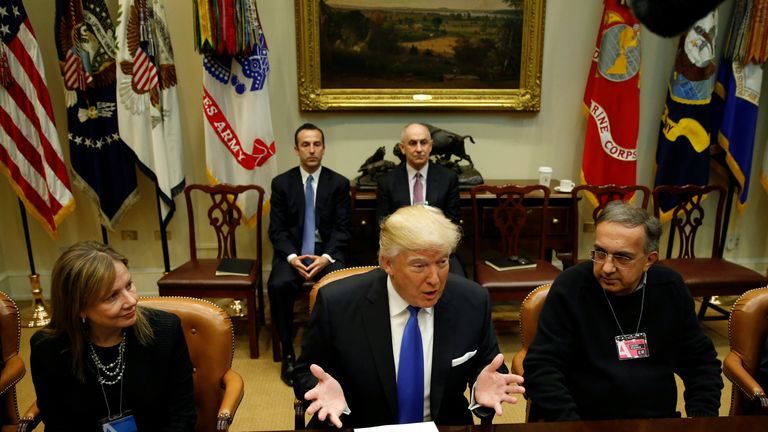 Donald Trump and Sergio Marchionne at a White House meeting of auto industry chiefs in 2017