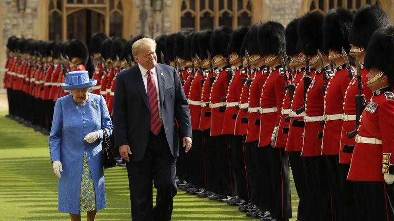 The Queen and Donald Trump inspect a Guard of Honour at Windsor Castle