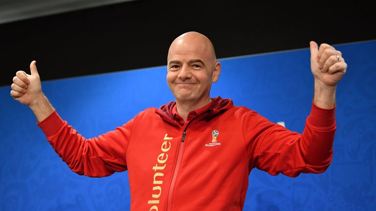 FIFA President Gianni Infantino gives a thumbs up to this summer&#39;s World Cup as the tournament draws to a close