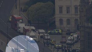 The scene from above in Westminster where a car has crashed into a barrier