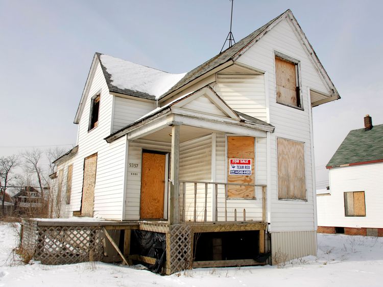 A boarded up house sits for sale in February 2008 in Detroit Michigan