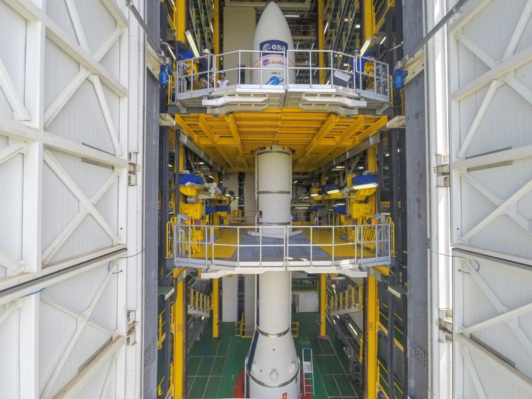 Aeolus in the launch tower ahead of its 21 August liftoff from Europes Spaceport in Kourou, French Guiana. This extraordinary satellite has been at the launch site since early July where it has been tested and prepared for launch. It will be taken into orbit on a Vega rocket.