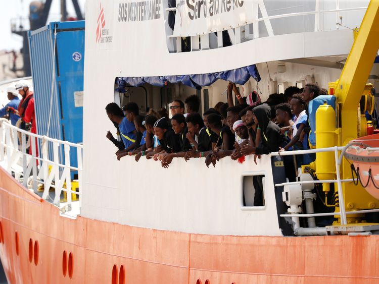 Migrants are seen onboard the humanitarian ship Aquarius at Boiler Wharf in Senglea in Valletta's Grand Harbour Malta