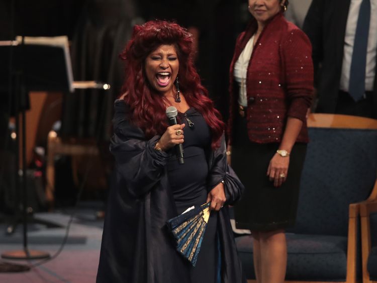Chaka Khan sings during the service for Aretha Franklin