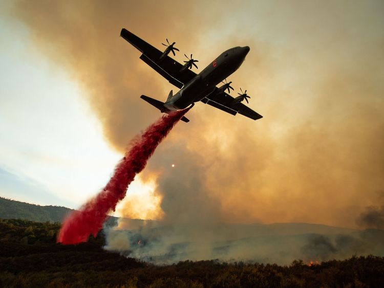 An air tanker drops retardant on the Ranch Fire, part of the Mendocino Complex Fire