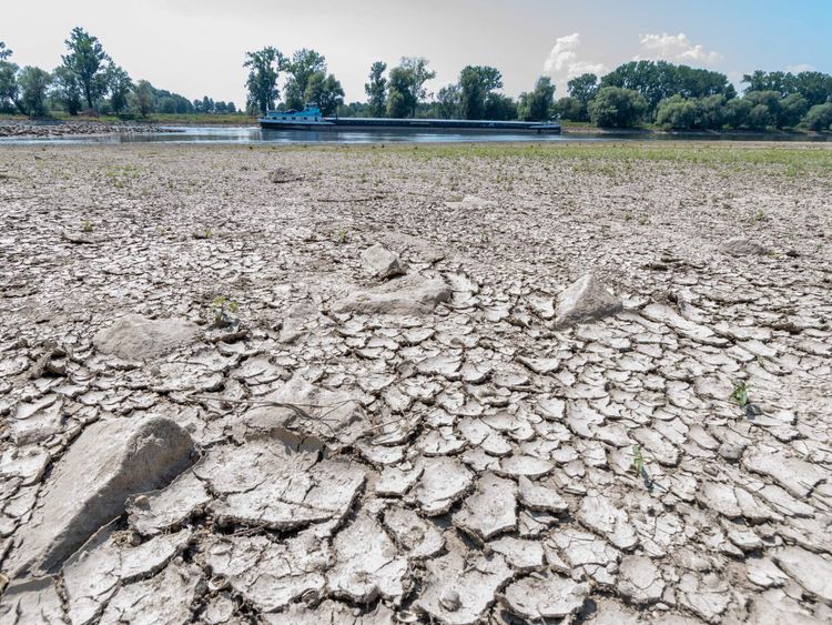 Parched land besides a low river Danube in Germany