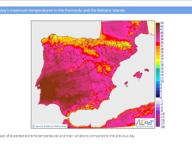 The worst of the heat is forecast for southern Portugal and southwest Spain. Pic: AEMET